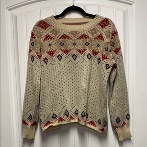 Cream and Red Crew Neck Sweater with Geometric Pattern
